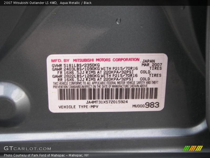Aqua Metallic / Black 2007 Mitsubishi Outlander LS 4WD