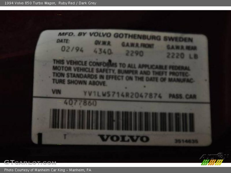 Ruby Red / Dark Grey 1994 Volvo 850 Turbo Wagon