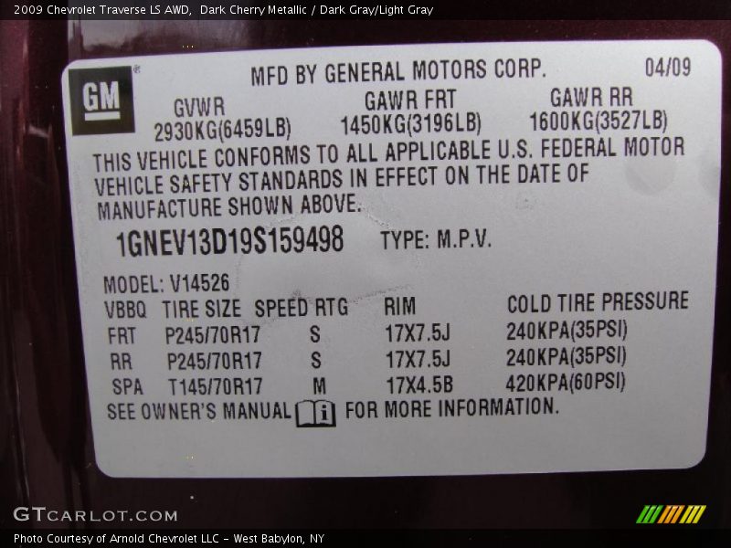 Dark Cherry Metallic / Dark Gray/Light Gray 2009 Chevrolet Traverse LS AWD