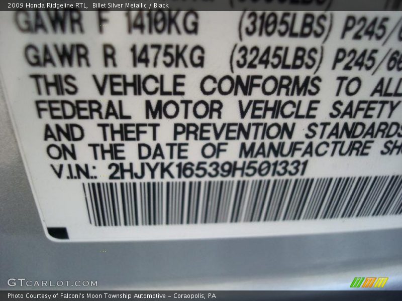 Billet Silver Metallic / Black 2009 Honda Ridgeline RTL