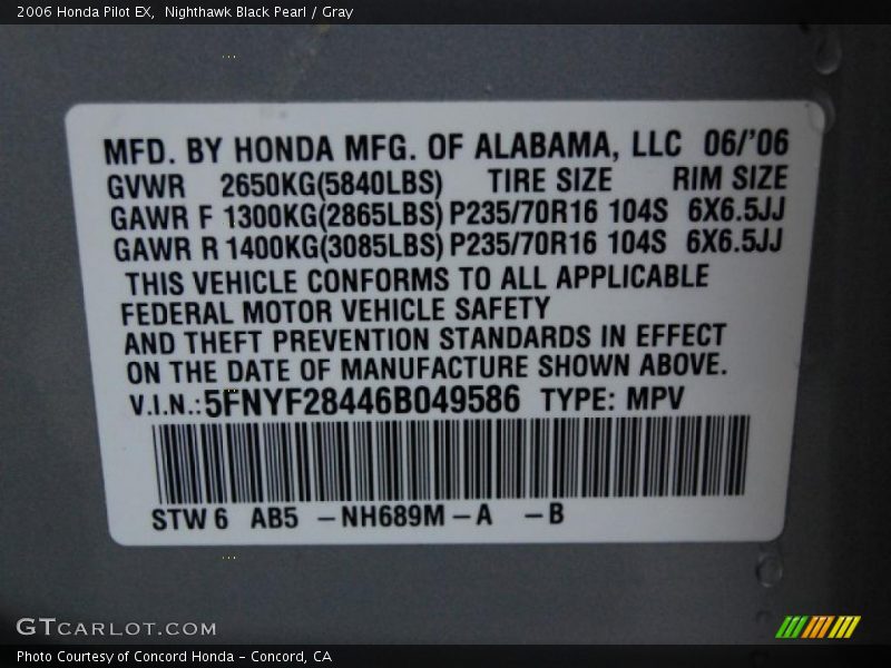 Nighthawk Black Pearl / Gray 2006 Honda Pilot EX