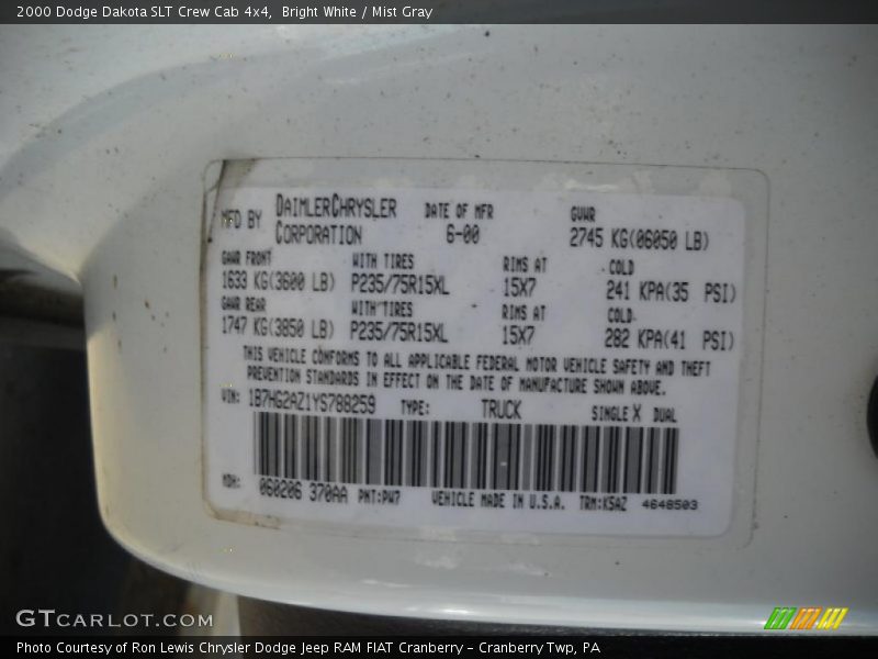 Bright White / Mist Gray 2000 Dodge Dakota SLT Crew Cab 4x4