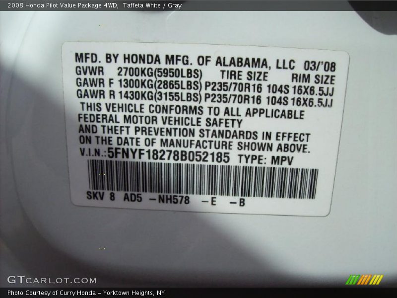Taffeta White / Gray 2008 Honda Pilot Value Package 4WD