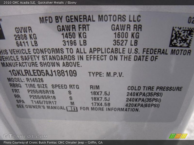 Quicksilver Metallic / Ebony 2010 GMC Acadia SLE