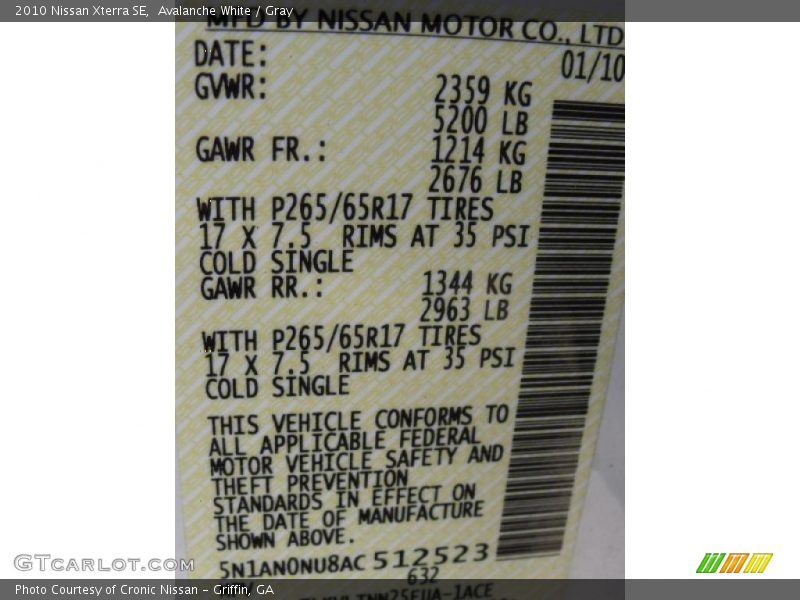 Avalanche White / Gray 2010 Nissan Xterra SE