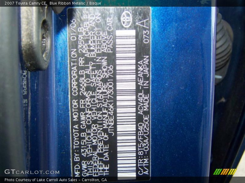 Blue Ribbon Metallic / Bisque 2007 Toyota Camry CE