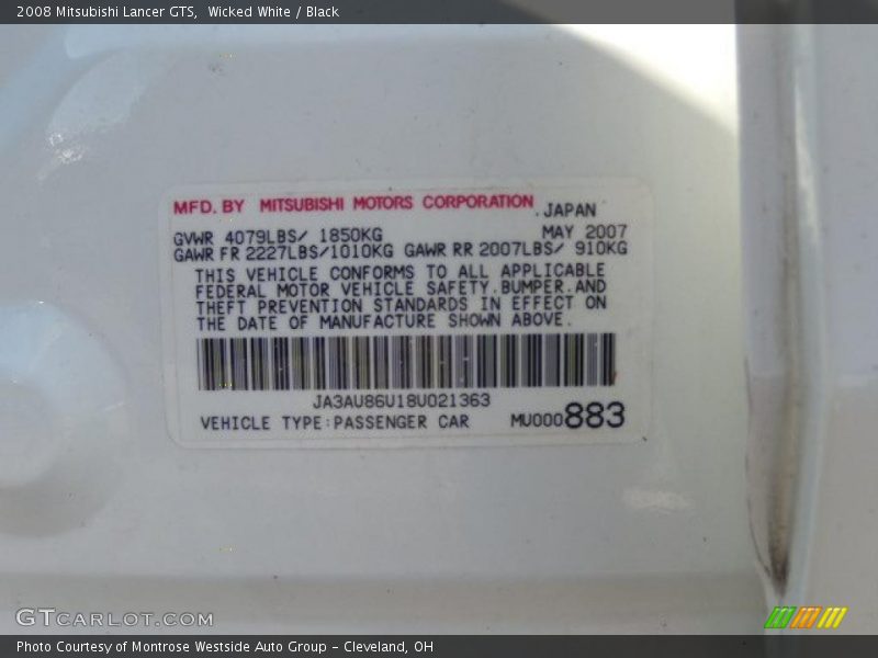 Wicked White / Black 2008 Mitsubishi Lancer GTS
