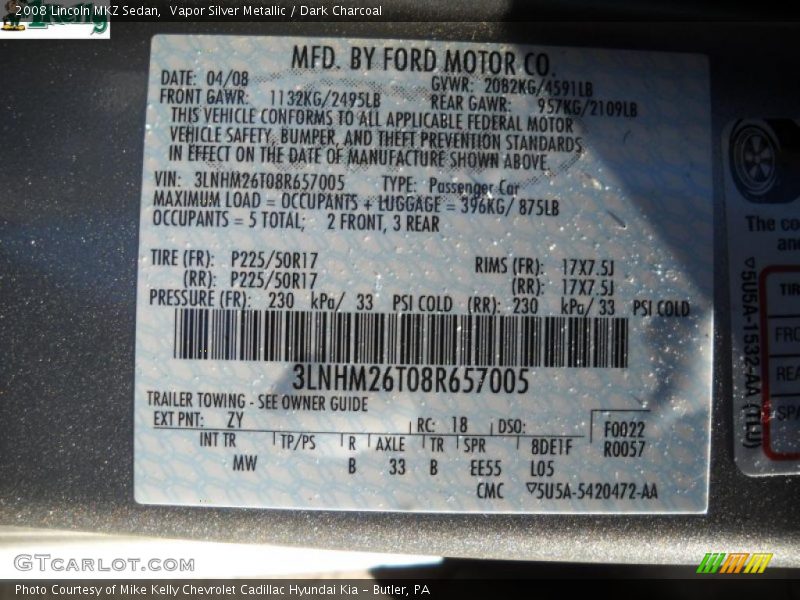 Vapor Silver Metallic / Dark Charcoal 2008 Lincoln MKZ Sedan