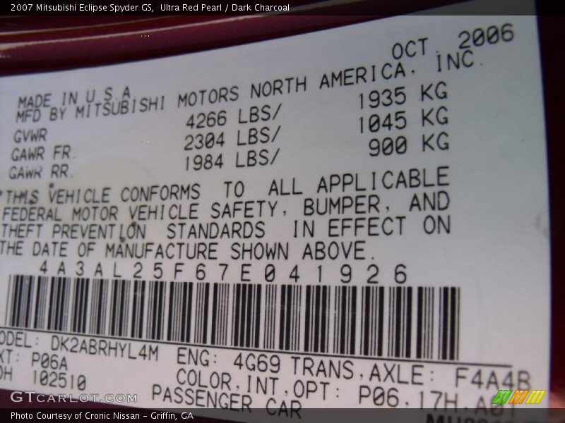 Ultra Red Pearl / Dark Charcoal 2007 Mitsubishi Eclipse Spyder GS