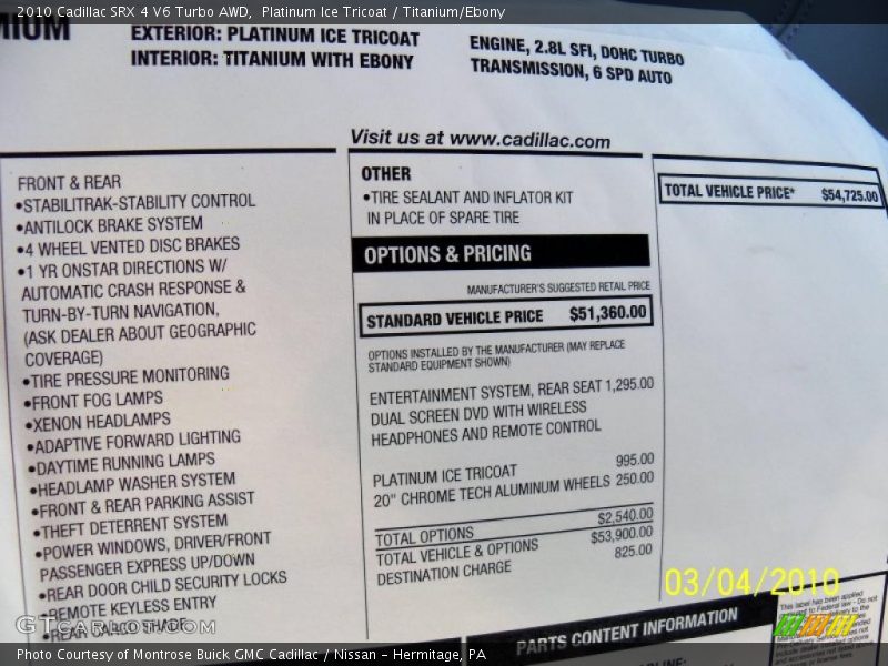 Platinum Ice Tricoat / Titanium/Ebony 2010 Cadillac SRX 4 V6 Turbo AWD