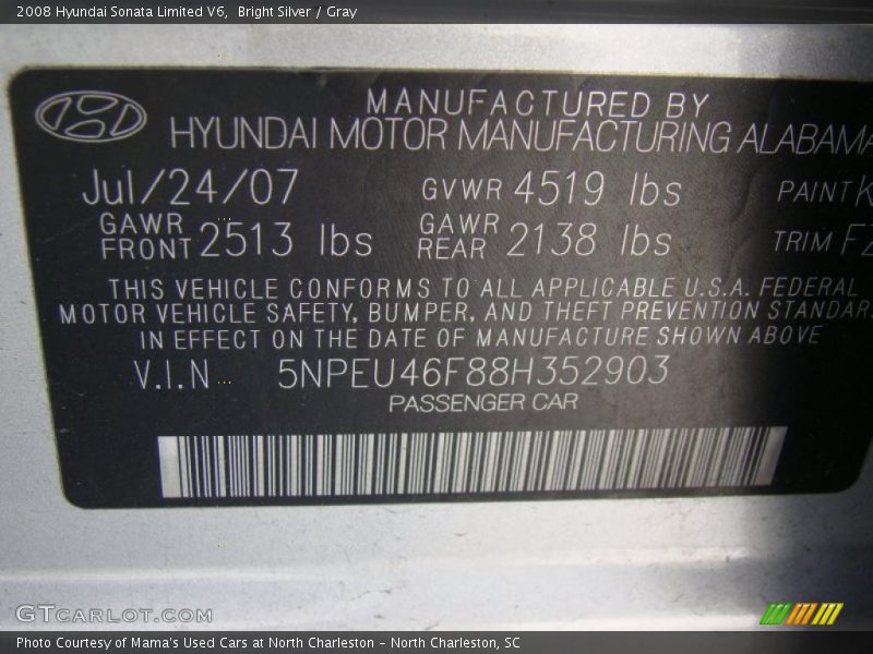 Bright Silver / Gray 2008 Hyundai Sonata Limited V6