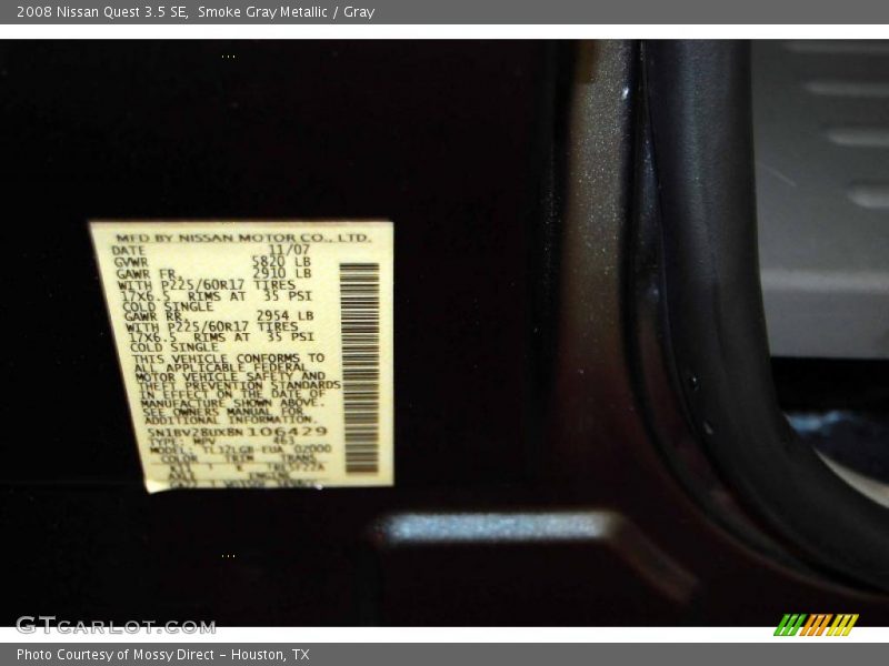 2008 Quest 3.5 SE Smoke Gray Metallic Color Code K11
