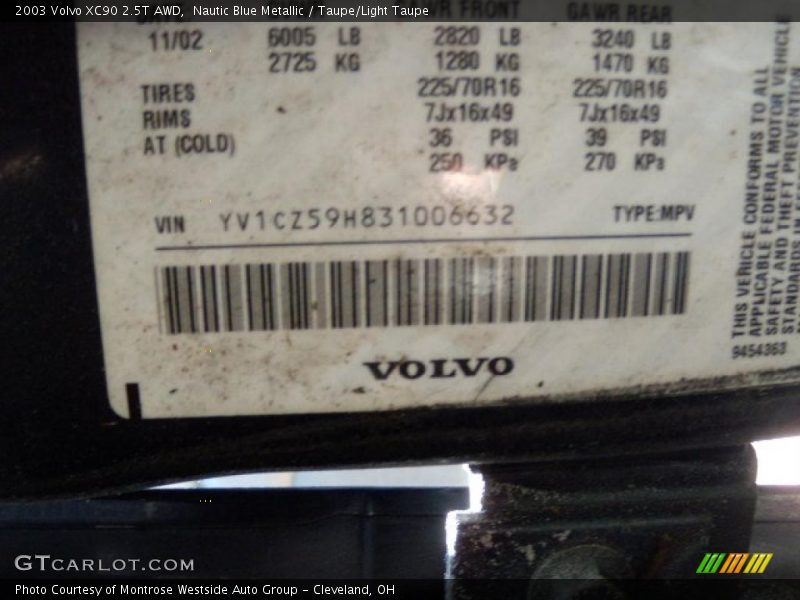 Nautic Blue Metallic / Taupe/Light Taupe 2003 Volvo XC90 2.5T AWD