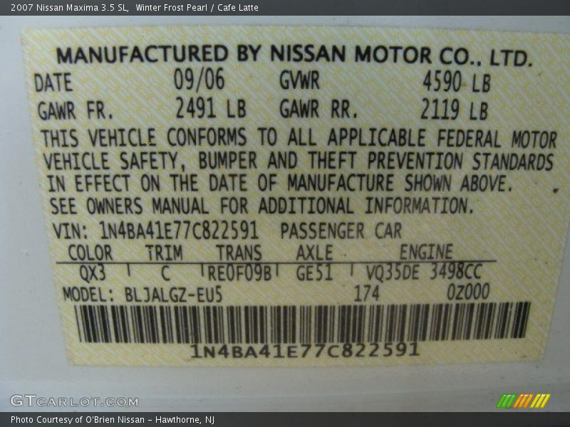 Winter Frost Pearl / Cafe Latte 2007 Nissan Maxima 3.5 SL