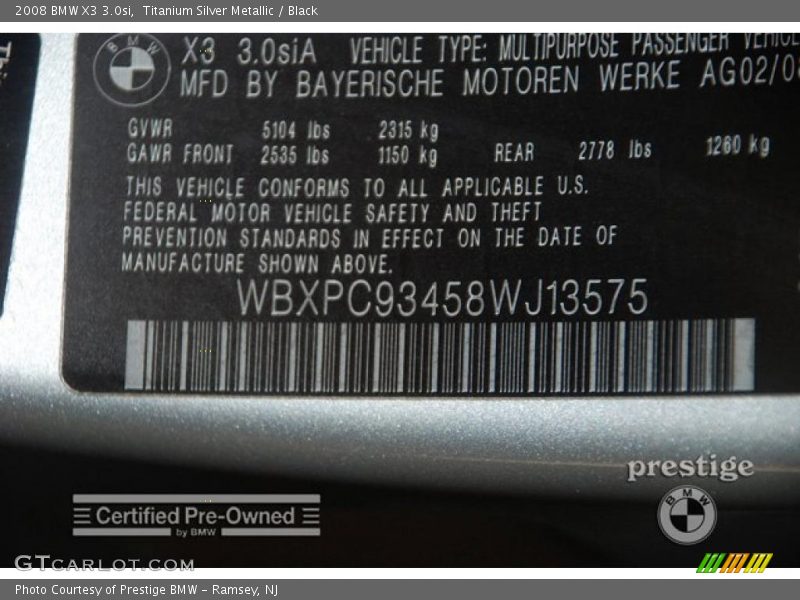 Titanium Silver Metallic / Black 2008 BMW X3 3.0si