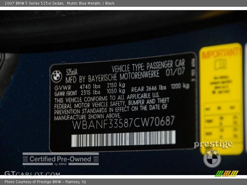 Mystic Blue Metallic / Black 2007 BMW 5 Series 525xi Sedan