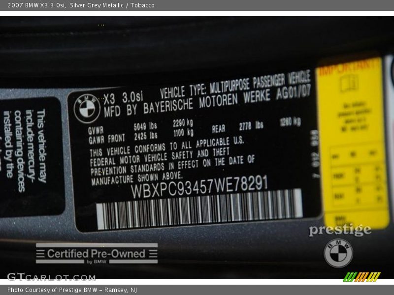 Silver Grey Metallic / Tobacco 2007 BMW X3 3.0si