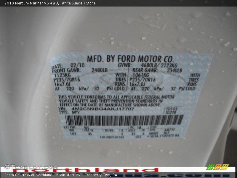 White Suede / Stone 2010 Mercury Mariner V6 4WD