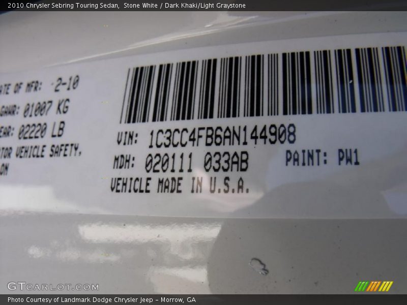 Stone White / Dark Khaki/Light Graystone 2010 Chrysler Sebring Touring Sedan