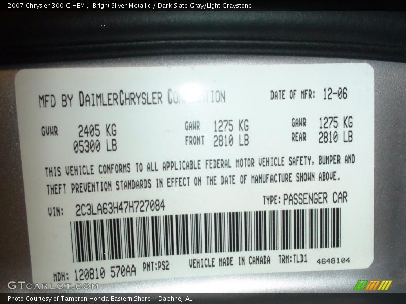 Bright Silver Metallic / Dark Slate Gray/Light Graystone 2007 Chrysler 300 C HEMI