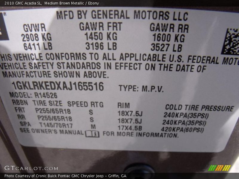 Medium Brown Metallic / Ebony 2010 GMC Acadia SL