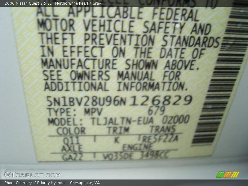 Nordic White Pearl / Gray 2006 Nissan Quest 3.5 SL