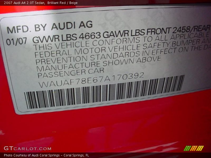 Brilliant Red / Beige 2007 Audi A4 2.0T Sedan