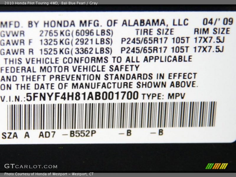 Bali Blue Pearl / Gray 2010 Honda Pilot Touring 4WD