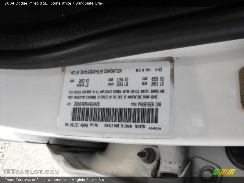 Stone White / Dark Slate Gray 2004 Dodge Intrepid SE