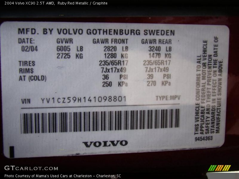 Ruby Red Metallic / Graphite 2004 Volvo XC90 2.5T AWD