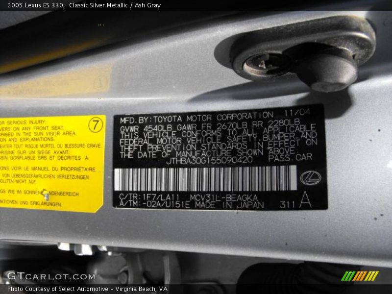 Classic Silver Metallic / Ash Gray 2005 Lexus ES 330