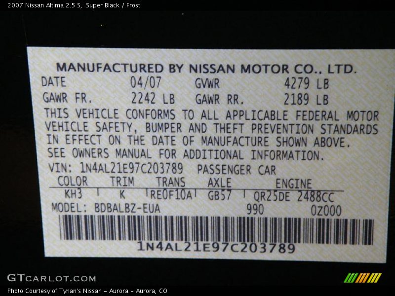 Super Black / Frost 2007 Nissan Altima 2.5 S