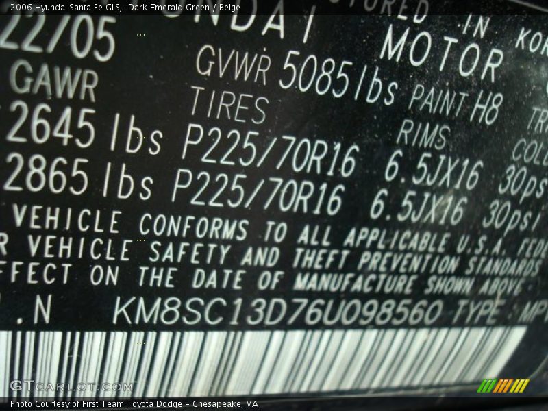 Dark Emerald Green / Beige 2006 Hyundai Santa Fe GLS