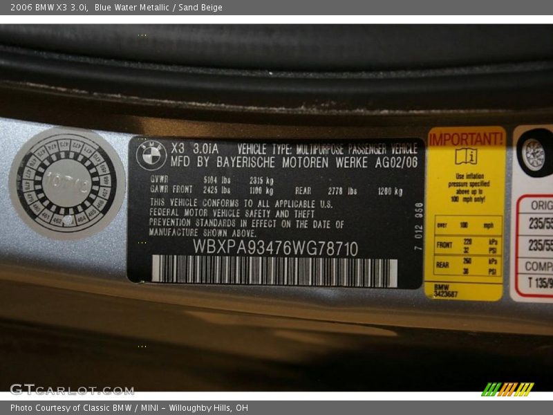 Blue Water Metallic / Sand Beige 2006 BMW X3 3.0i