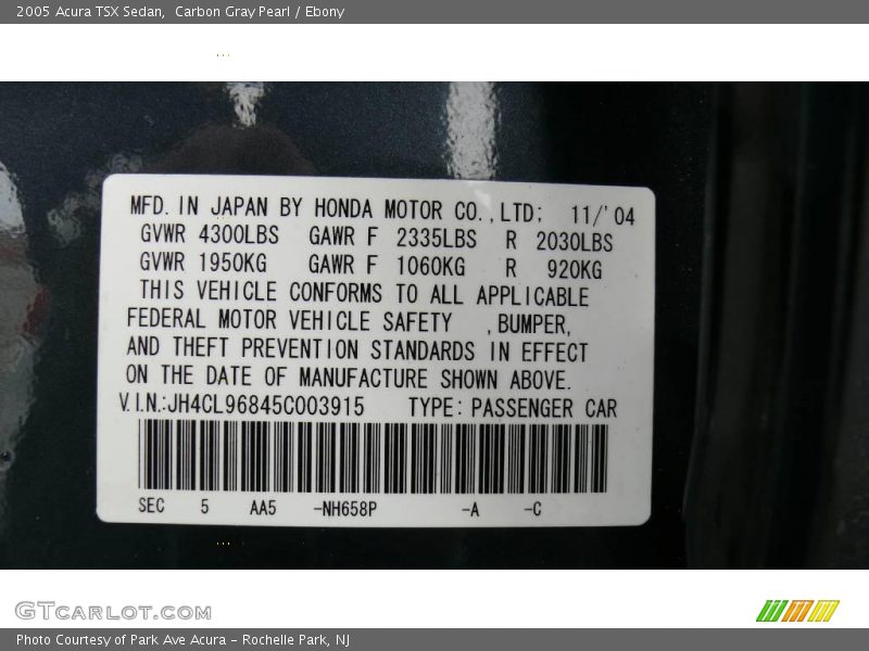 Carbon Gray Pearl / Ebony 2005 Acura TSX Sedan