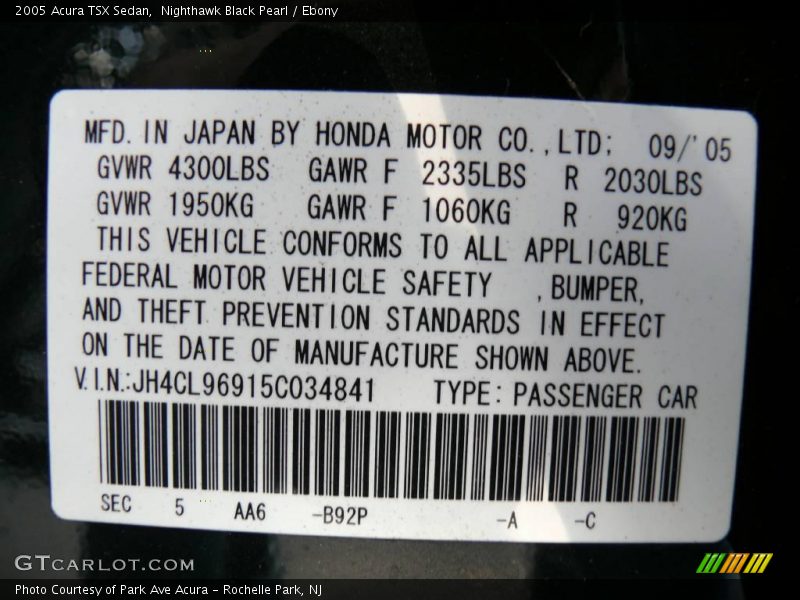 Nighthawk Black Pearl / Ebony 2005 Acura TSX Sedan