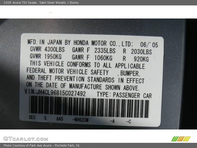 2005 TSX Sedan Satin Silver Metallic Color Code NH623M
