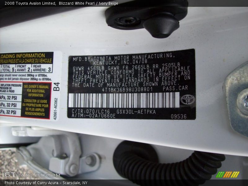 Blizzard White Pearl / Ivory Beige 2008 Toyota Avalon Limited