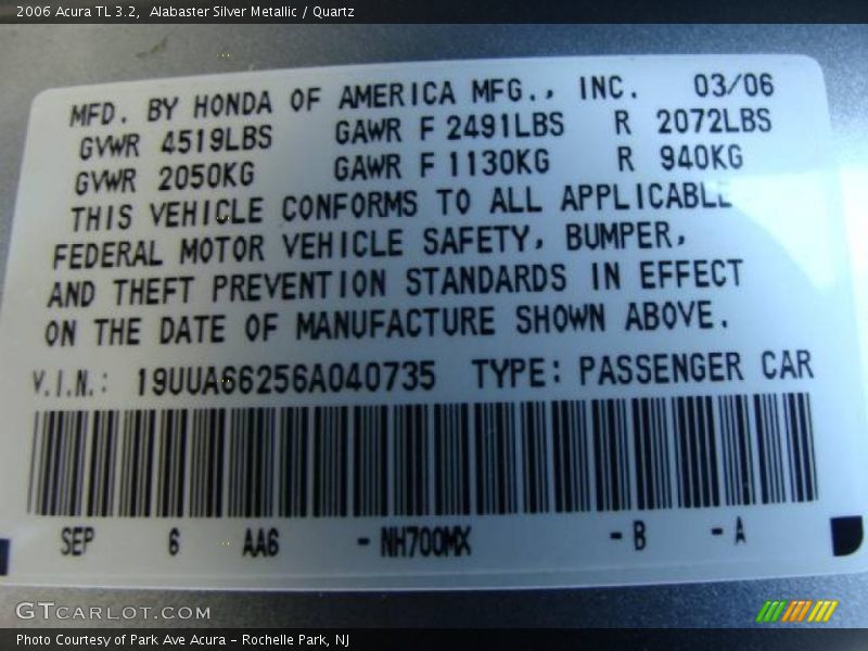 Alabaster Silver Metallic / Quartz 2006 Acura TL 3.2