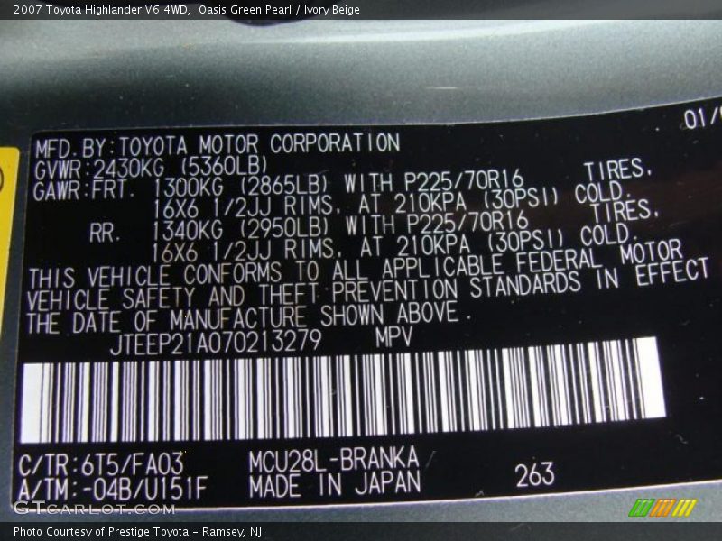 Oasis Green Pearl / Ivory Beige 2007 Toyota Highlander V6 4WD