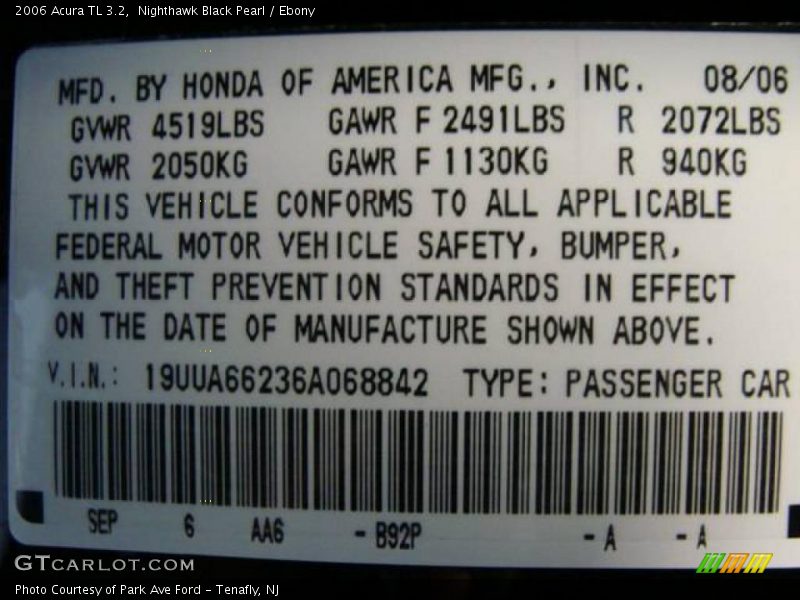 Nighthawk Black Pearl / Ebony 2006 Acura TL 3.2