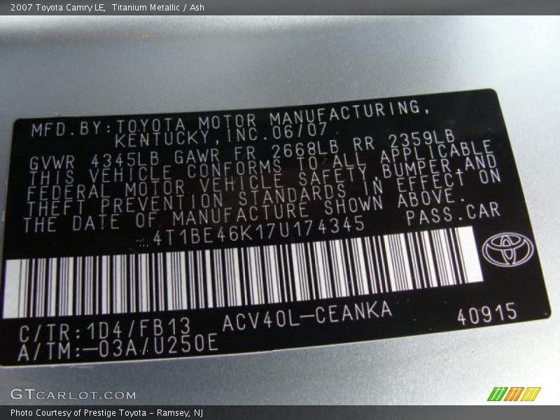 Titanium Metallic / Ash 2007 Toyota Camry LE