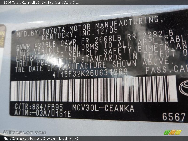 Sky Blue Pearl / Stone Gray 2006 Toyota Camry LE V6