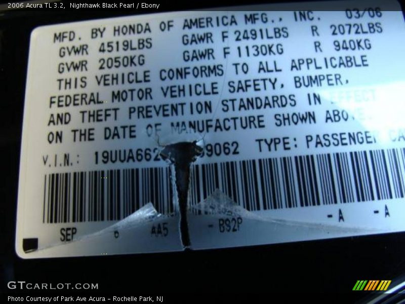 Nighthawk Black Pearl / Ebony 2006 Acura TL 3.2