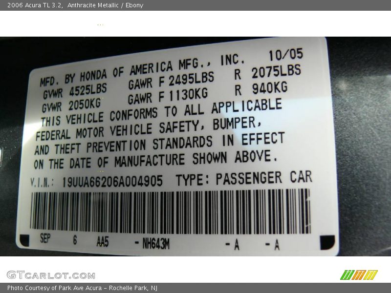 Anthracite Metallic / Ebony 2006 Acura TL 3.2