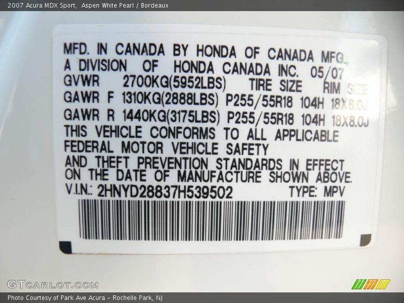 Aspen White Pearl / Bordeaux 2007 Acura MDX Sport