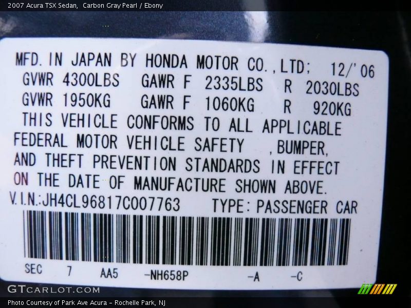 Carbon Gray Pearl / Ebony 2007 Acura TSX Sedan
