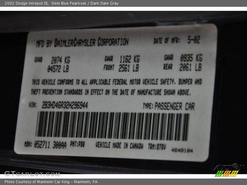 Steel Blue Pearlcoat / Dark Slate Gray 2002 Dodge Intrepid SE