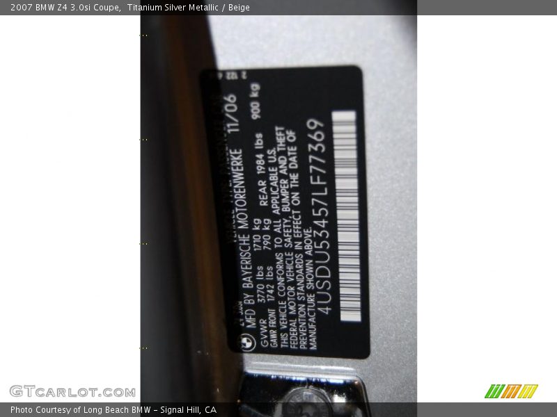 Titanium Silver Metallic / Beige 2007 BMW Z4 3.0si Coupe