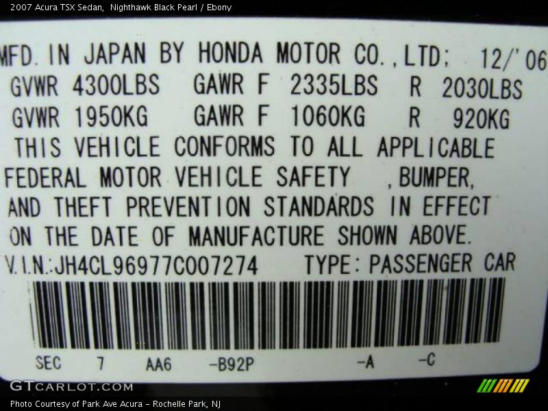 Nighthawk Black Pearl / Ebony 2007 Acura TSX Sedan